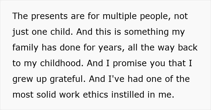 Alt text: Text about a mom explaining the tradition of giving multiple gifts to her kids amid consumerism backlash.