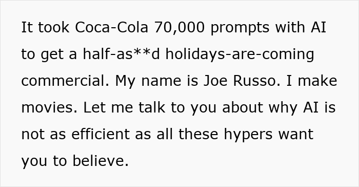 Text about Coca-Cola using 70,000 prompts and AI in a holiday commercial, discussing AI&rsquo;s efficiency.