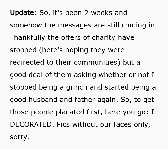 Update message from father discussing canceling Christmas due to affordability and reflecting on his role as a parent.