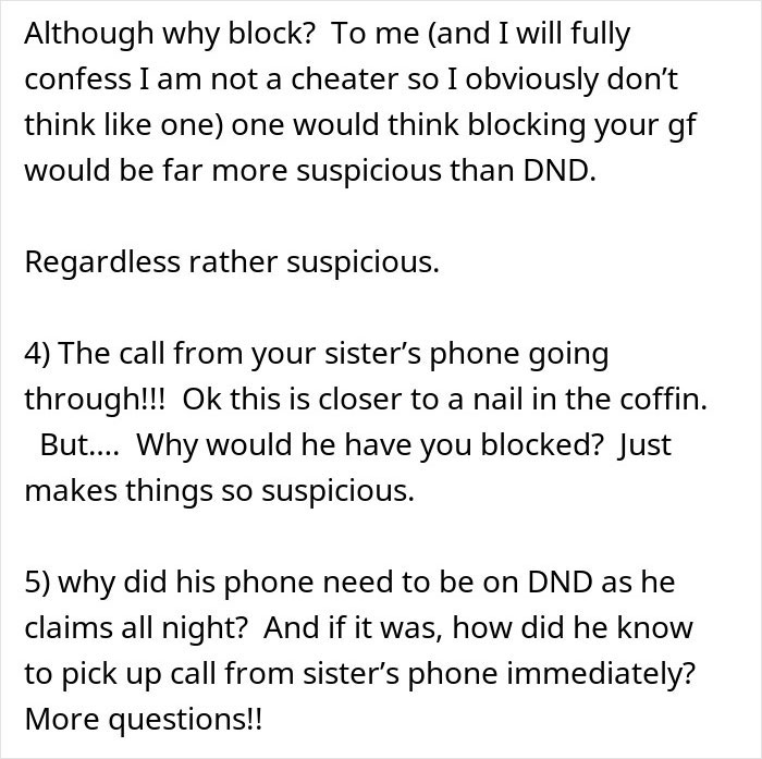 Text excerpt analyzing a man&rsquo;s suspicious work trip and his girlfriend rethinking their relationship due to blocking behavior.