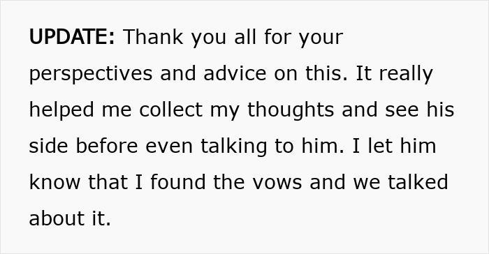 Text update about perspectives and advice on groom’s vows, helping to understand his side before discussing with him. Text update about perspectives and advice on groom’s vows, helping to understand his side before discussing with him.