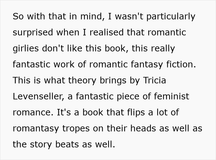 Text excerpt discussing a feminist romance book that challenges romantasy tropes and surprises romantic fantasy readers.