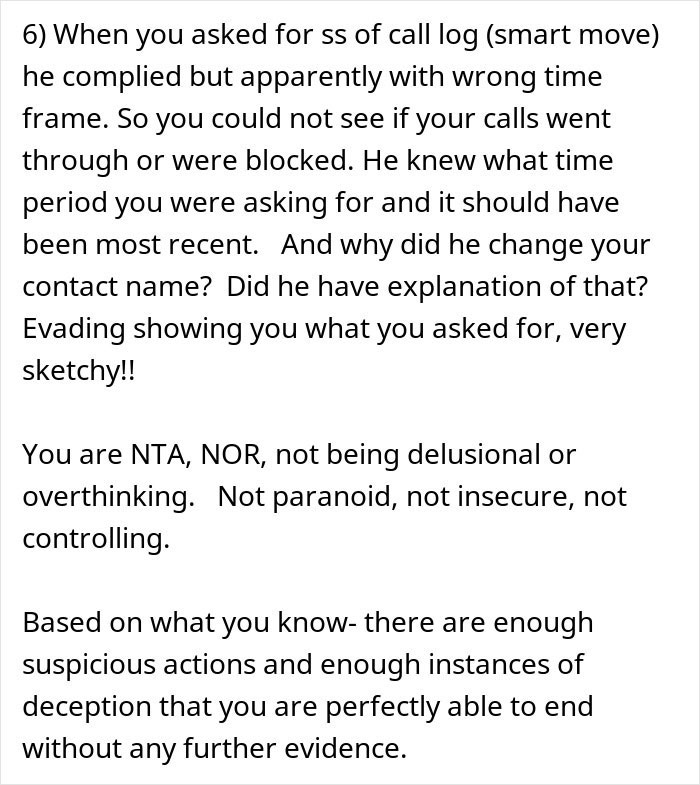 Text discussing suspicious behavior during a work trip, including call log deception and relationship trust issues.