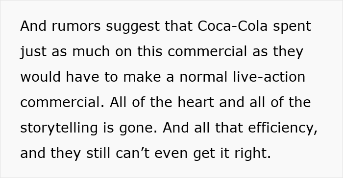 Text snippet criticizing Coca-Cola&rsquo;s holiday commercial and AI&rsquo;s role, highlighting lack of storytelling and efficiency flaws.