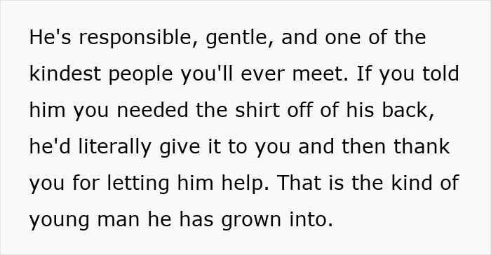 Text excerpt describing a responsible and kind young man, highlighting his generosity and helpful nature.