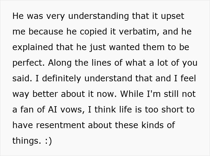 Text excerpt about groom’s vows upsetting wife after he copied them verbatim, reflecting on AI-written vows. Text excerpt about groom’s vows upsetting wife after he copied them verbatim, reflecting on AI-written vows.