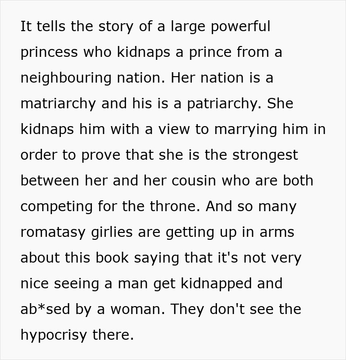 Text excerpt discussing a romartasy book plot with a princess kidnapping a prince, sparking controversy among readers.