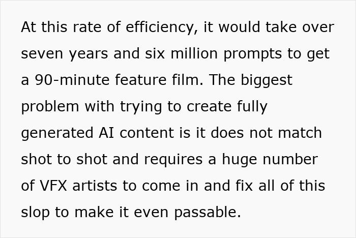 Text excerpt discussing the inefficiency of AI in content creation and the need for many prompts and VFX artists to fix errors.