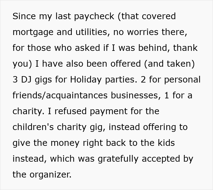 Text excerpt about a father managing finances and holiday DJ gigs amid struggles affording Christmas celebrations.