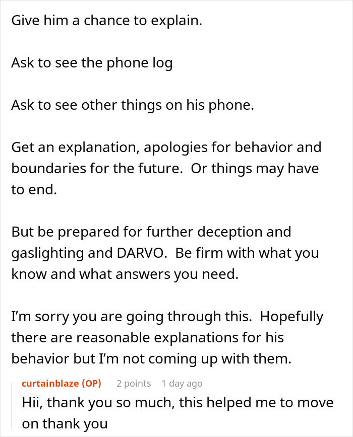 Text conversation advising caution and boundaries in response to a man&rsquo;s suspicious work trip raising relationship doubts.