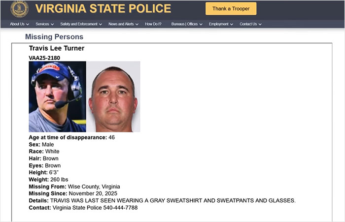 Missing person alert with photos and details from Virginia State Police in the missing football coach case mystery. Missing person alert with photos and details from Virginia State Police in the missing football coach case mystery.