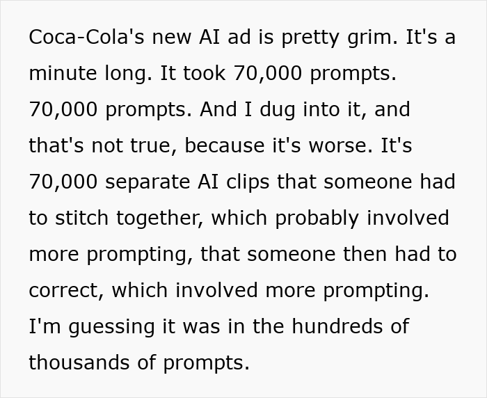 Text from an AI analysis discussing Coca-Cola&rsquo;s holiday commercial creation using 70,000 prompts and AI limitations.
