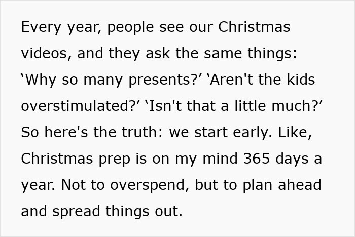 Text excerpt explaining a mom&rsquo;s early Christmas prep and gift planning to avoid overspending amid consumerism backlash.