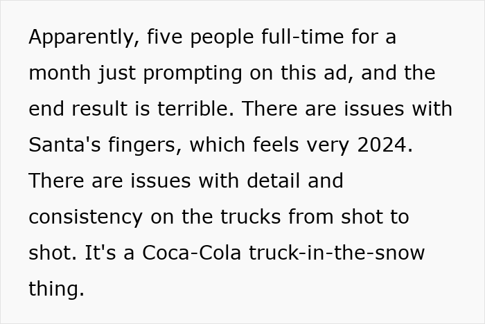 Text describing issues in Coca-Cola&rsquo;s AI-generated holiday commercial, highlighting problems with details and consistency.