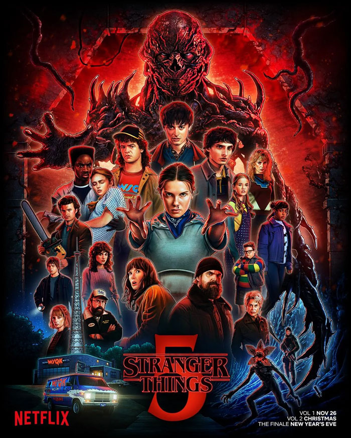 Stranger Things characters stand in front of a dark ominous figure with red glowing background before final episodes release.