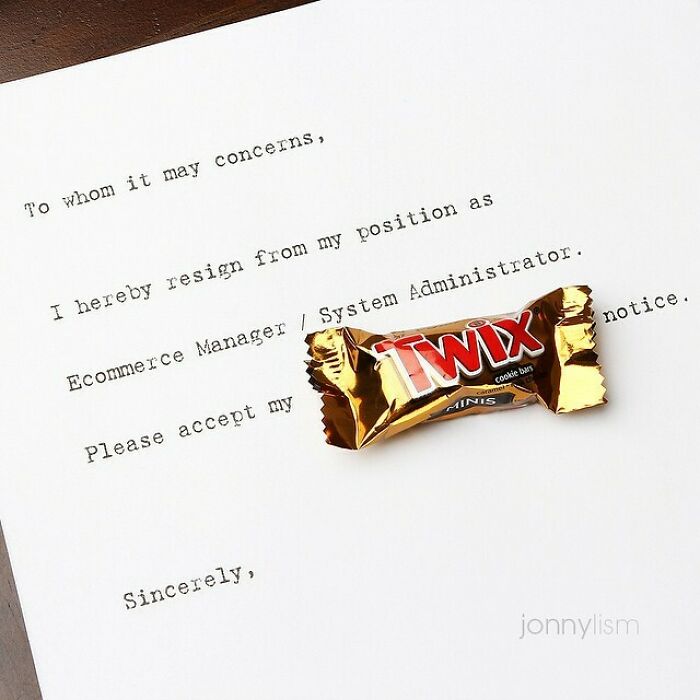 Resignation letter with a Twix candy bar, illustrating employees who walked out with jokes and pranks.