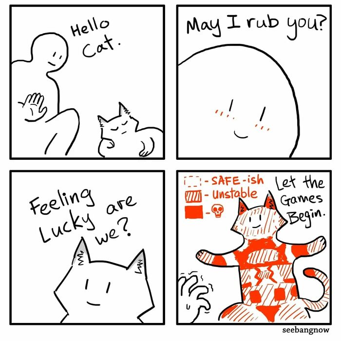 Comic strip featuring a dramatic and honest cat interacting with a person, showcasing playful and unbothered cat behavior.
