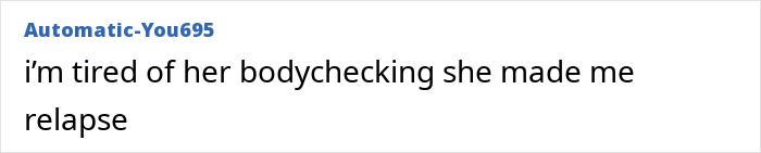 Comment expressing frustration about bodychecking triggering relapse, related to emotional age regression discussions.
