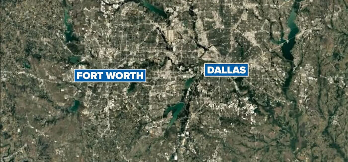 Satellite map showing Fort Worth and Dallas, related to two men arrested for planning violent actions on a foreign island.