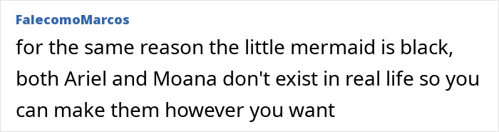 Comment discussing changes to Moana&rsquo;s appearance and racial representation in Disney&rsquo;s live-action adaptation controversy.
