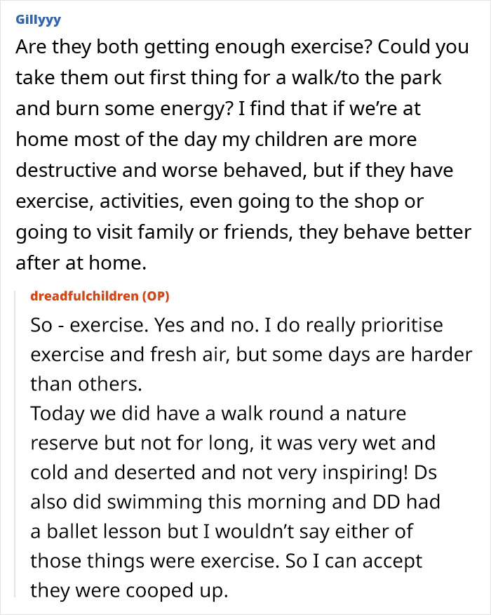 Screenshot of an online discussion about kids' behavior and exercise as a way to improve how children act at home.