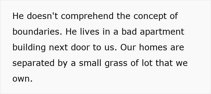 Screenshot of text describing a neighbor who does not understand boundaries and lives next door in a small apartment.