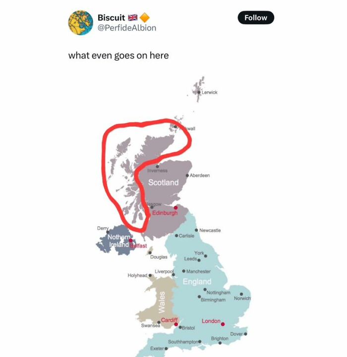 Map of the UK with Scotland outlined in red, highlighting a humorous post about Scottish people on the internet.