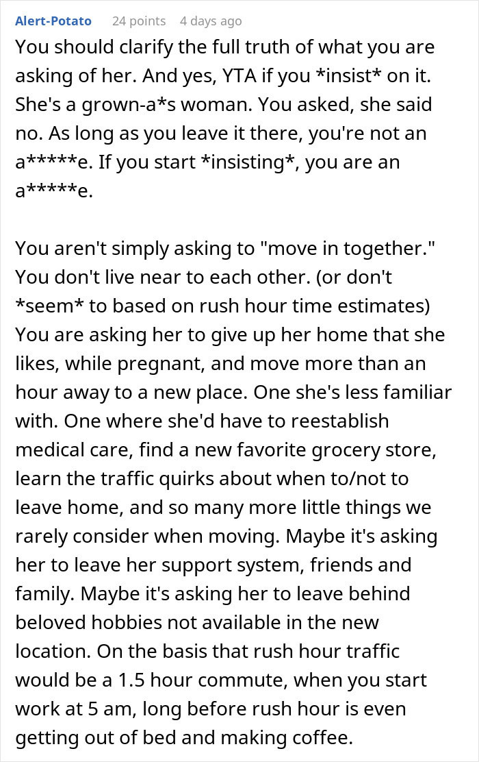 Text excerpt from an online forum discussing challenges of pregnant girlfriend refusing to move together due to lifestyle impacts.