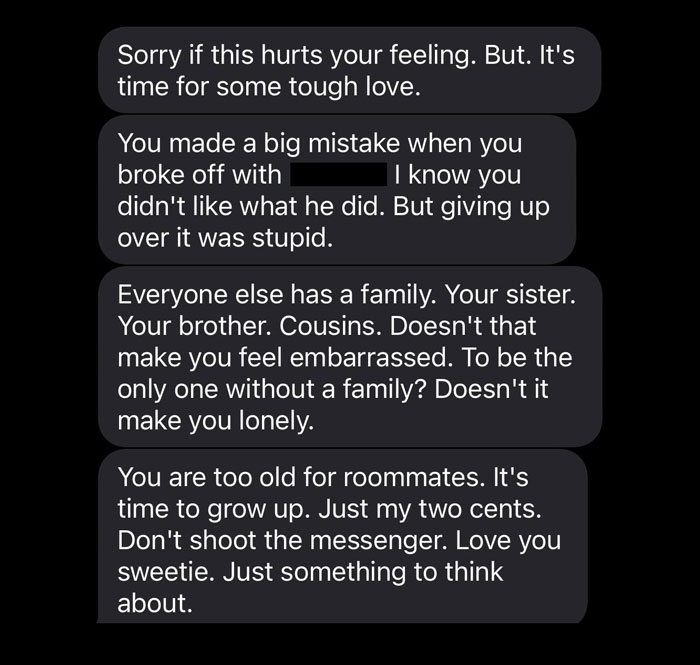 Text message conversation showing a woman receiving an unhinged text from mom about feeling embarrassed and skipping Thanksgiving. Text message conversation showing a woman receiving an unhinged text from mom about feeling embarrassed and skipping Thanksgiving.