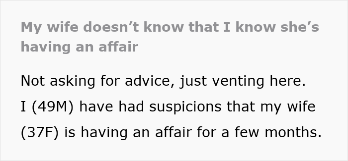 Text post about husband refusing intimacy for five years and suspecting wife&rsquo;s affair, venting online.