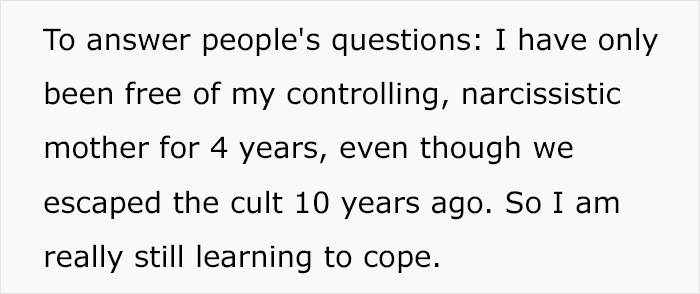 Text excerpt about coping after escaping a controlling, narcissistic mother, relating to woman buying expensive gifts for BF&rsquo;s kids and being excluded from Christmas.