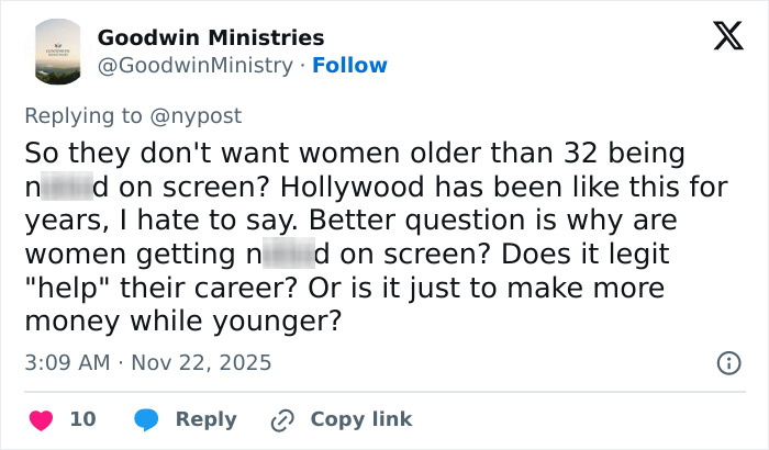 Tweet discussing Hollywood’s hidden age rule for women in adult scenes and its impact on actresses’ careers. Tweet discussing Hollywood’s hidden age rule for women in adult scenes and its impact on actresses’ careers.