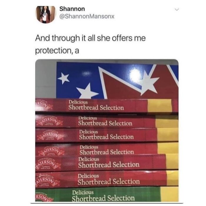 Screenshot of a social media post showing stacked shortbread boxes, highlighting Scottish people’s unhinged internet humor.