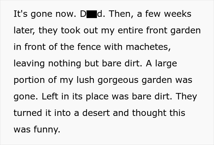 Text excerpt describing a woman&rsquo;s unexpectedly savage revenge on a petty neighbor destroying her garden.