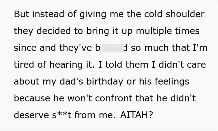 Text excerpt showing a teen giving his father a reality check on his 50th birthday, opening his eyes to the truth.