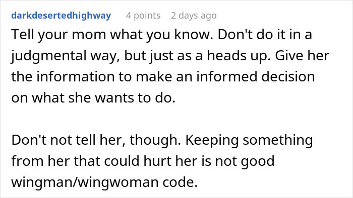 Screenshot of an online comment advising a teen to inform his recently divorced mom about a womanizer without judgment.