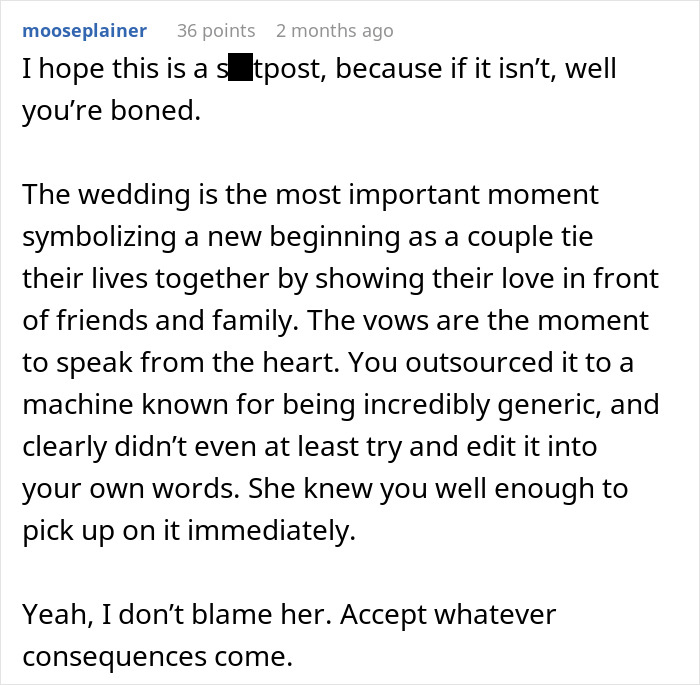 Comment discussing a wedding where a guy uses ChatGPT for vows and the bride runs away from the altar reflecting AI use risks.