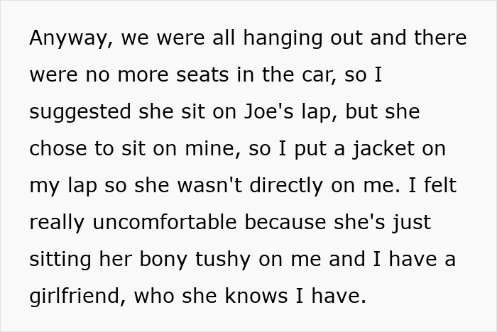 Text message describing discomfort as a guy deals with a friend sitting on his lap despite having a girlfriend.