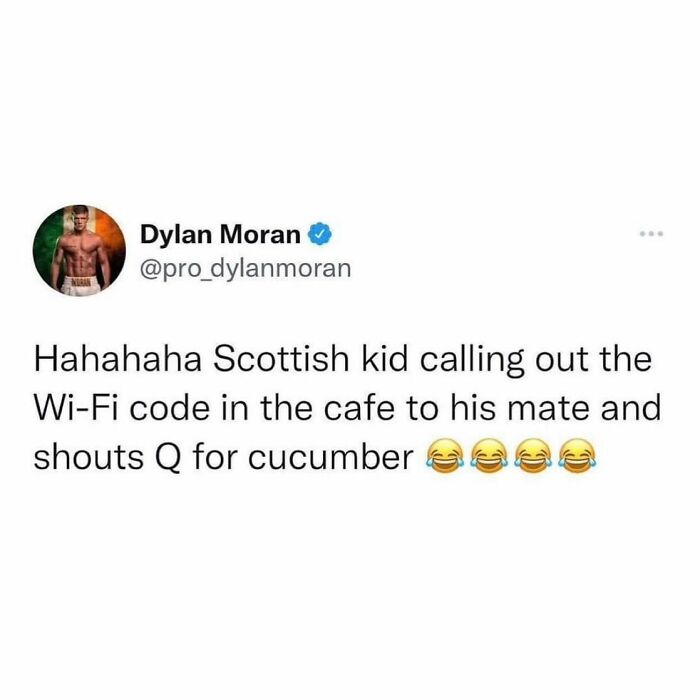 Tweet about a Scottish kid humorously calling out a Wi-Fi code in a cafe, showcasing hilarious Scottish posts online.