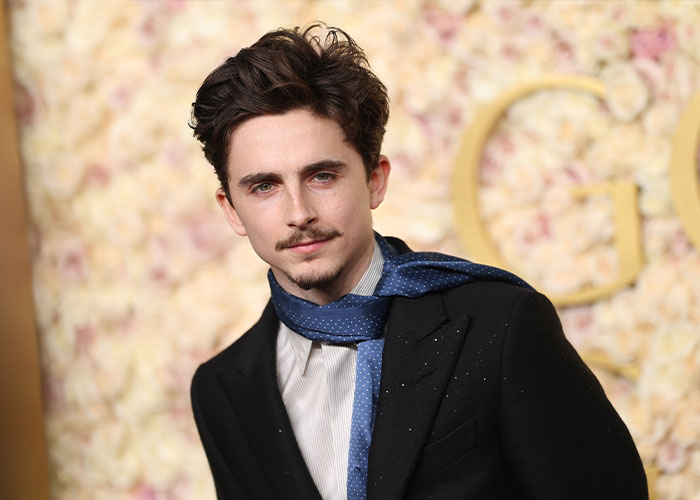 Timothée Chalamet posing at an event wearing a black coat and blue scarf with a floral backdrop. Timothée Chalamet posing at an event wearing a black coat and blue scarf with a floral backdrop.