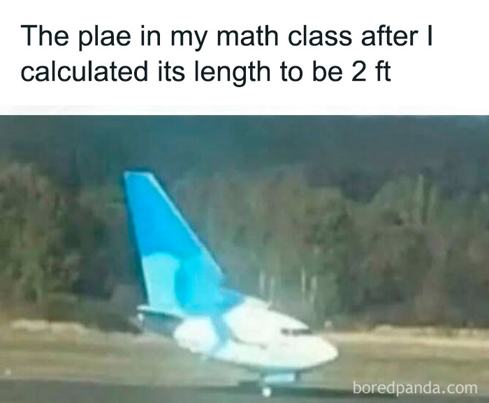 Small toy plane on runway with caption about calculating its length in math class, a hilarious educational meme.