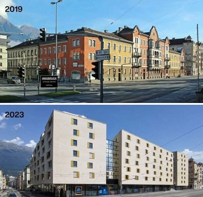 Comparison of ugly, unesthetic, and depressing buildings showing decline in modern architecture in Innsbruck from 2019 to 2023.
