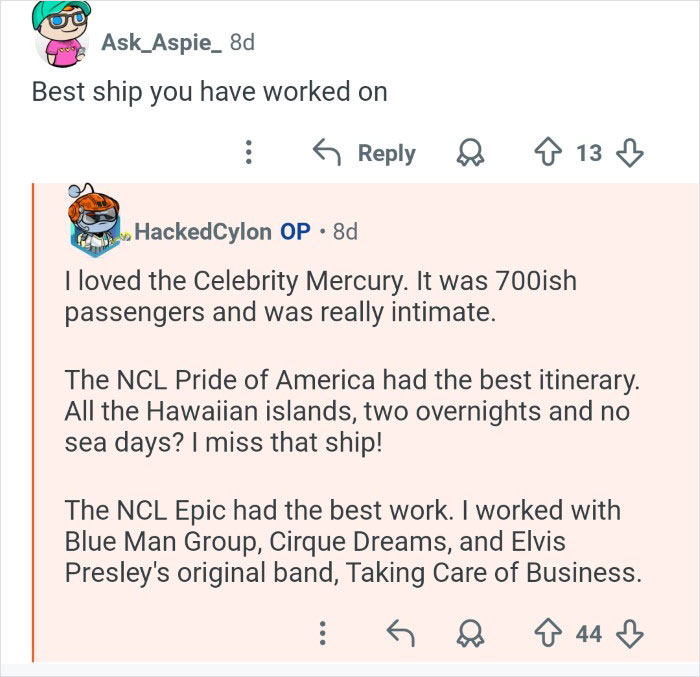 Conversation screenshot showing cruise ship employees discussing their favorite ships and workplace experiences on a forum.