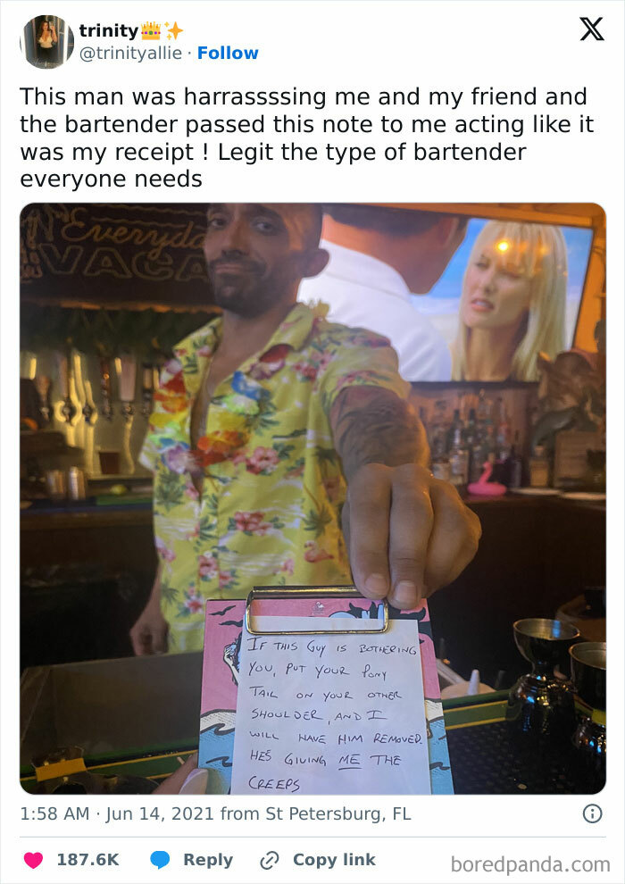 Bartender helping young adults by discreetly offering support against harassment in a relatable social setting.