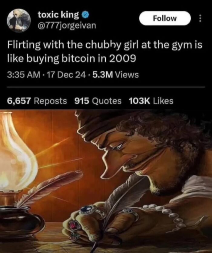 Funny meme about flirting compared to bitcoin investment, with a cartoon character writing by candlelight, humor making life lighter.