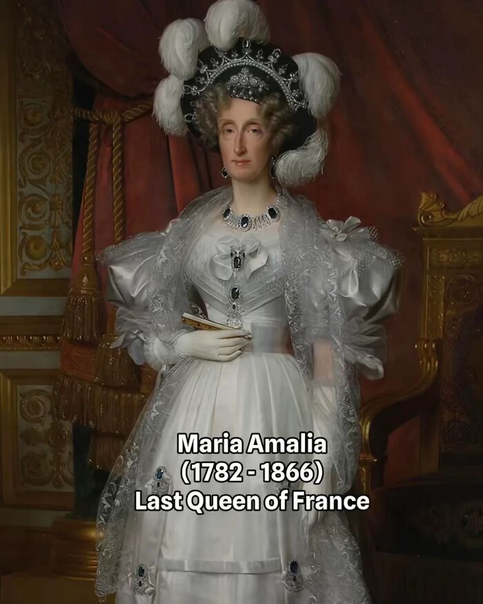 Portrait of Maria Amalia, born in the 1700s, last Queen of France, dressed in ornate white gown and jeweled headpiece. Portrait of Maria Amalia, born in the 1700s, last Queen of France, dressed in ornate white gown and jeweled headpiece.