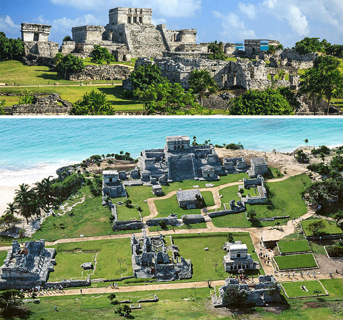 Ancient Mayan ruins near the coast with blue skies, highlighting Miami as a city with online hype not matching reality.