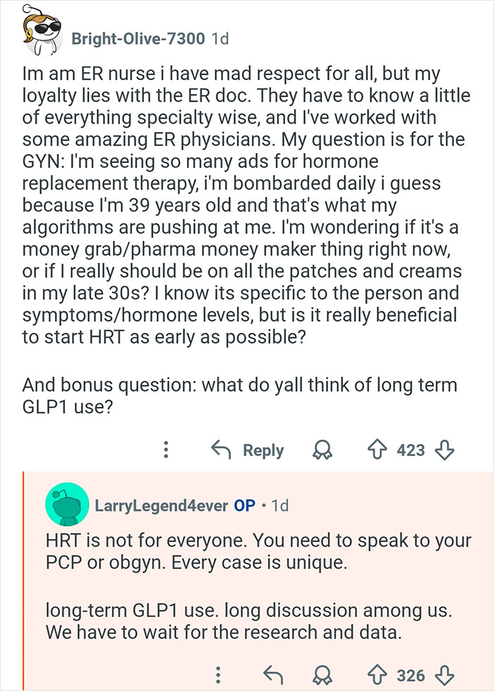 Online discussion with doctors answering hormone replacement therapy and GLP1 questions in a medical Q&A session.