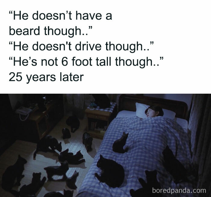 Person sleeping in bed surrounded by many black cats, representing cringe-worthy takes on women reactions over time.