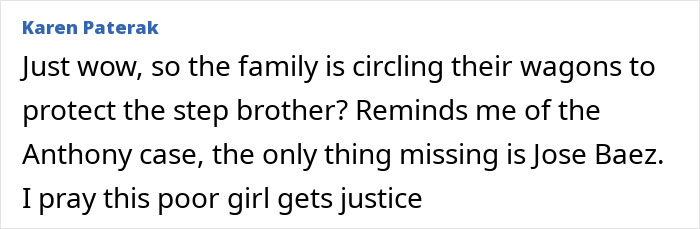 Comment highlighting family protecting stepbrother in case involving teen&rsquo;s body found under cruise bed seeking justice.